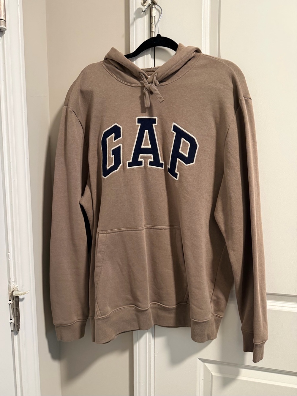GAP Men's Crewneck Hoodie in Taupe with Black Logo